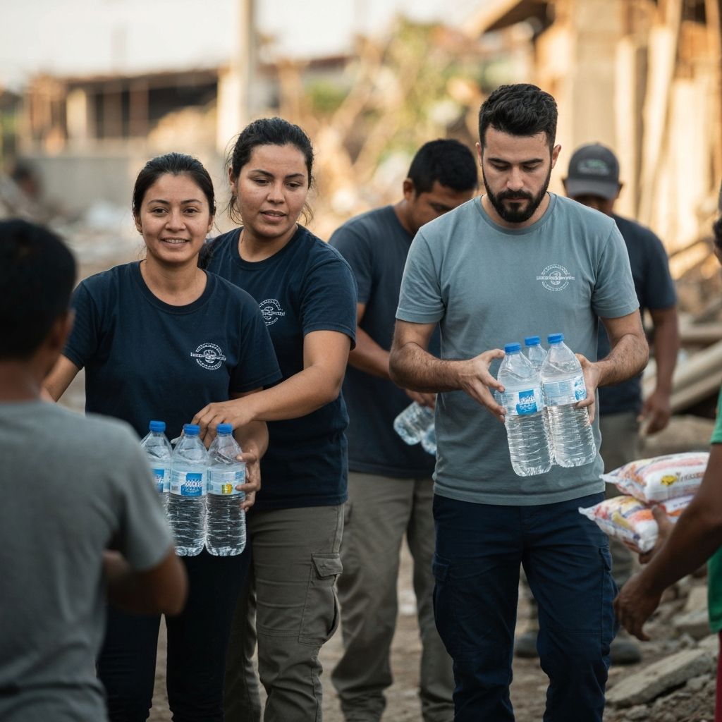 Aid workers distributing supplies to community