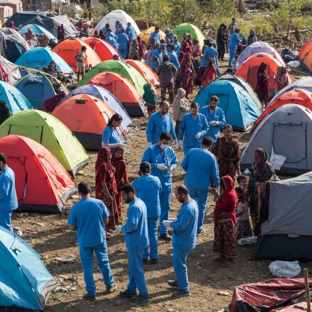 Medical team providing care at relief camp