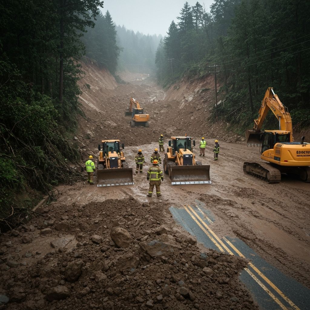 Landslide blocking road with responders